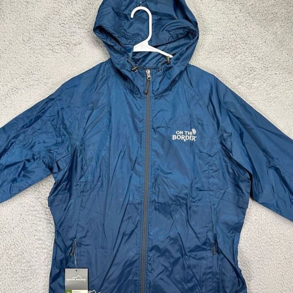Eddie Bauer Packable Wind Jacket Womens XL Blue Nylon Hooded Full Zip Hiking NEW